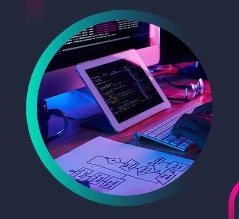 Custom web development concept with a developer working on code displayed on a tablet and computer, accompanied by website flowcharts, under the heading 'Everything You Need to Know About Custom Web Development'.