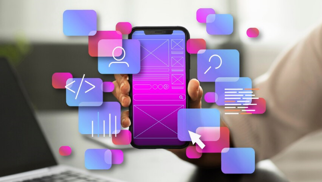 A hand holds a smartphone displaying a wireframe of a mobile app, surrounded by various app development icons like code, search, and user profiles. The image visualizes custom mobile app development.