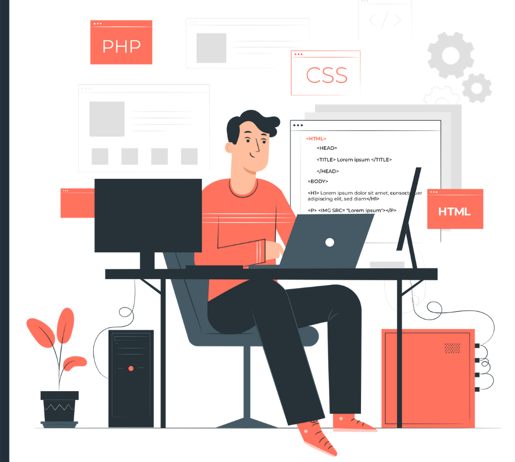 Illustration of a web developer working at a desk with code on the screen and HTML, CSS, and PHP elements, beside the text 'Essential Considerations When Choosing A Perfect Web Development Company!'.