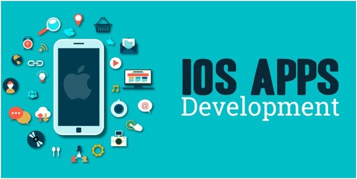A smartphone with an Apple logo on its screen is surrounded by various app-related icons, representing different functionalities and features. To the right, the text "IOS APPS Development" is prominently displayed on a teal background.